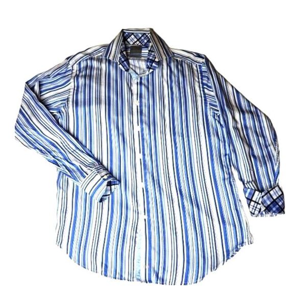 Men's Thomas Dean Flip Cuff Shirt Button Down Sz. M  Blue White - Picture 2 of 6
